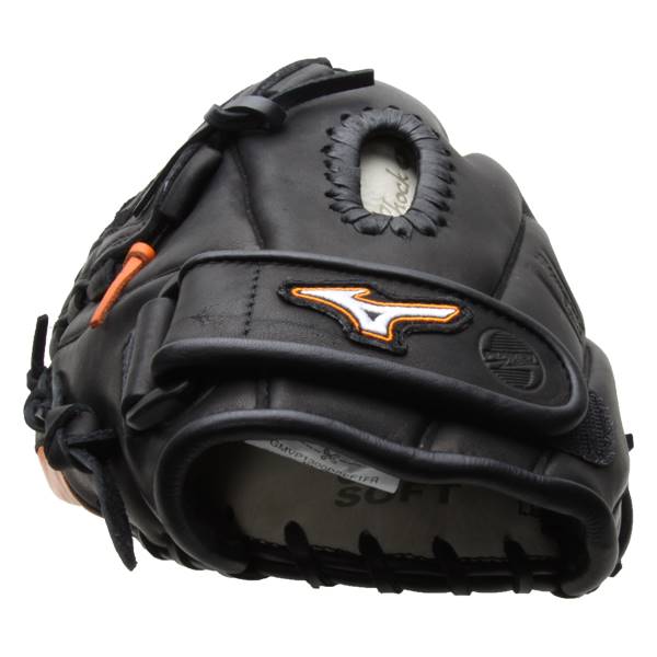 Front corner view of a black Mizuno glove with orange accents and a white Mizuno logo.