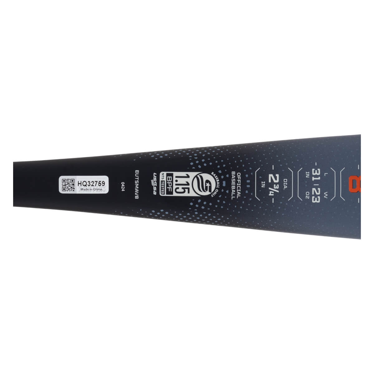 Close-up side view of a black baseball bat with white 1.15 BPF text, dimensions, and a QR code.