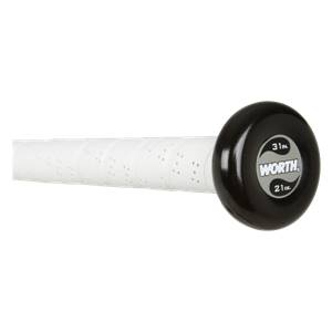 End view of a black softball bat with a white perforated grip and WORTH 31in 21oz text.