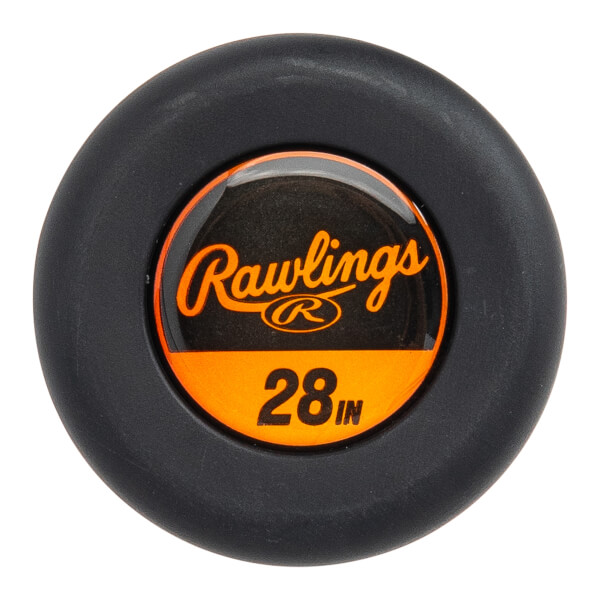 Top-down view of a black baseball bat end cap with orange Rawlings logo and 28 IN text.