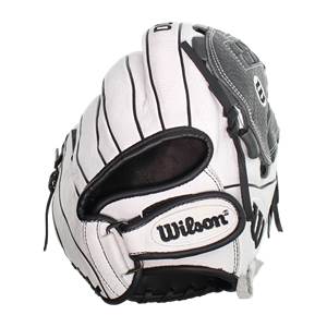 Top-down view of a white softball glove with black lacing and a Wilson logo.