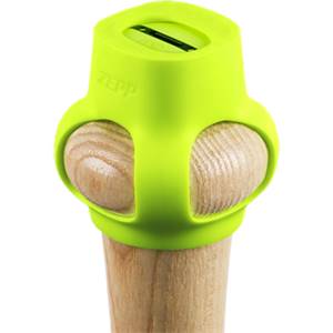 Close-up of a neon green Zepp baseball swing sensor attached to a wooden bat handle.