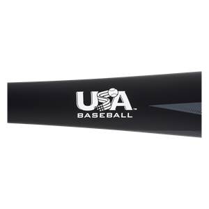 Side view of a black baseball bat with white USA Baseball logo and grey accents.