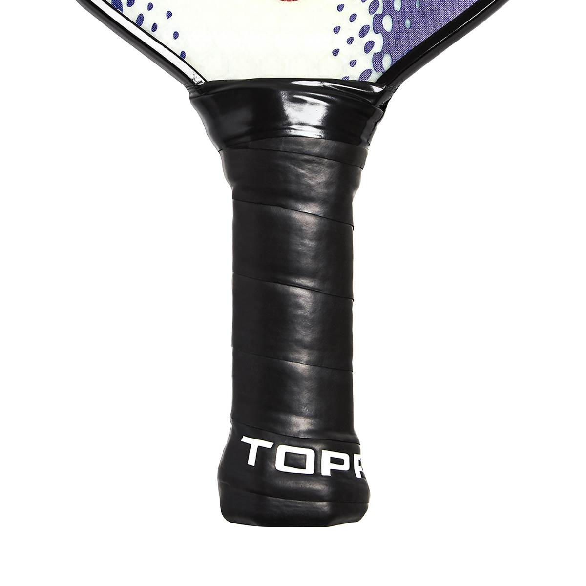 Close-up of a black pickleball paddle grip with white TOPP branding.