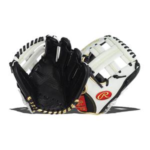 Top-down view of a white and black baseball glove with a red Rawlings R logo and gold trim.