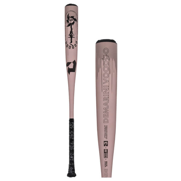 Full view and close-up of a rose gold baseball bat with a black grip, D logo, and DEMARINI VOODOO BBCOR text.