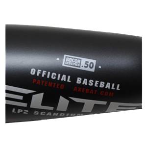 Side view of a black baseball bat with BBCOR CERTIFIED .50, OFFICIAL BASEBALL, PATENTED, AXE BAT.COM, ELITE, and LP2 SCANDIUM text.