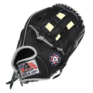 Front view of a black baseball glove with white stitching and a Made in USA patch.