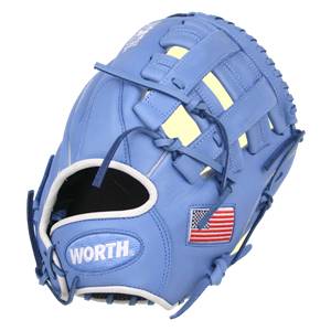 Front view of a Columbia blue Worth glove with an American flag patch and white trim.