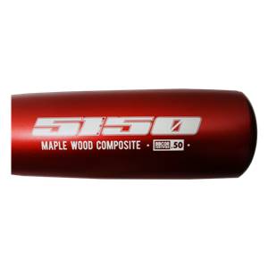 Side view of a red baseball bat with 5150 and MAPLE WOOD COMPOSITE text.