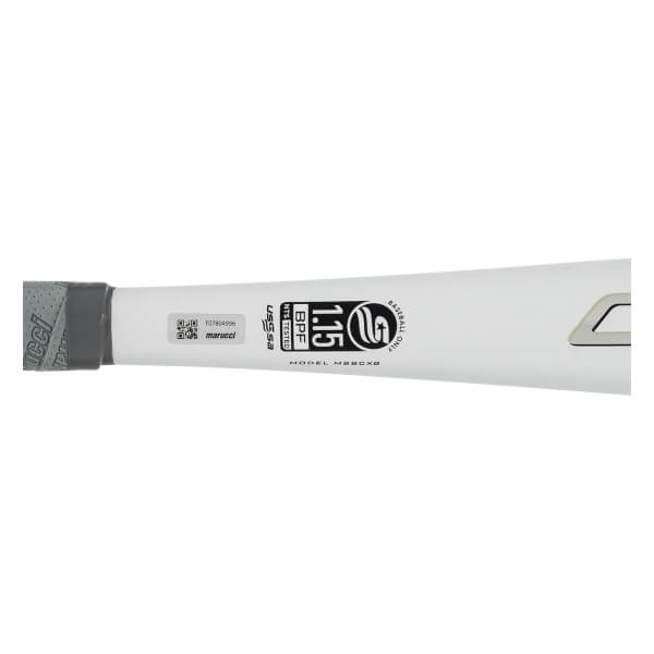 Side view of a white baseball bat with USSSA BPF 1.15 and Marucci branding.