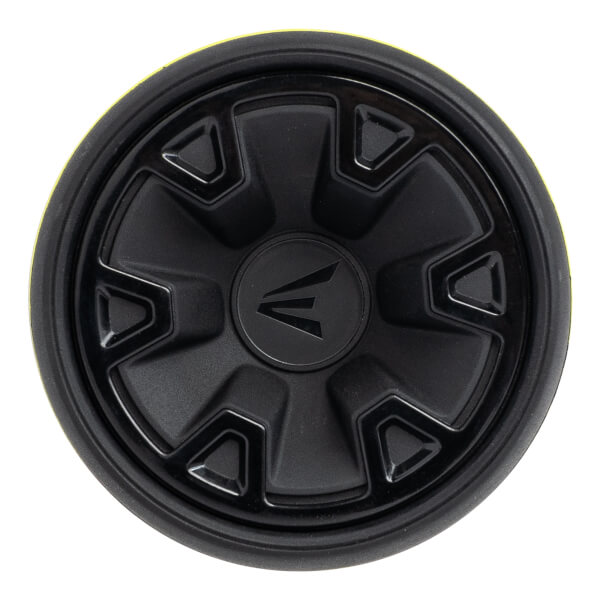 Top-down view of a black baseball bat end cap with the Easton logo and a textured pattern.