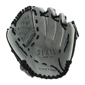 Interior view of a gray Easton softball glove with SLATE - Softball Series - and EASTON branding.
