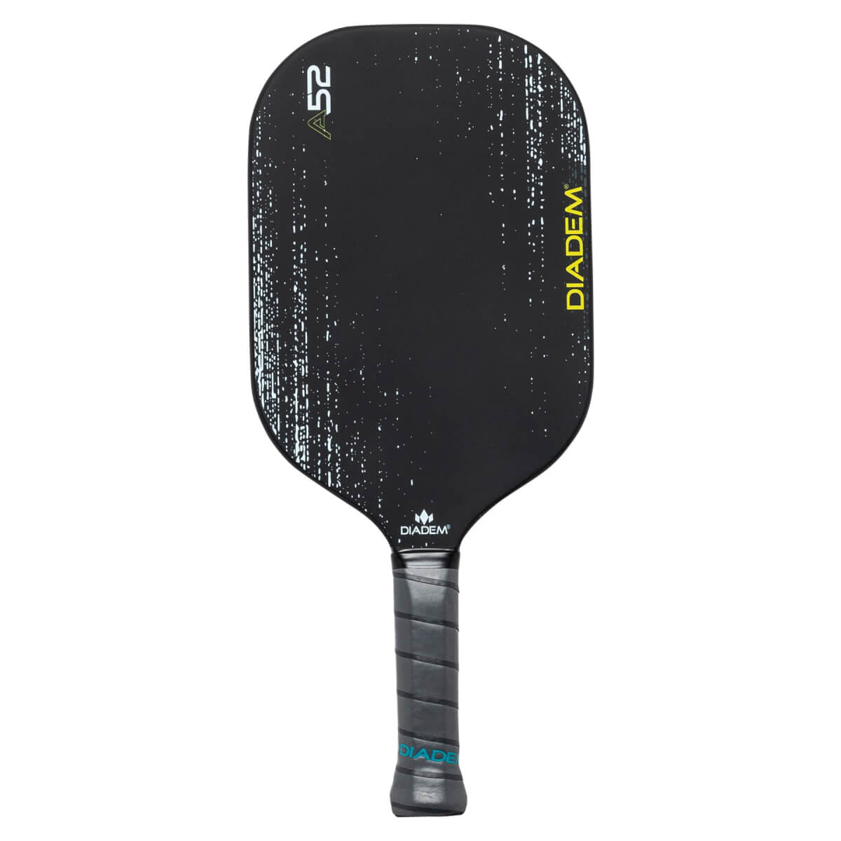 Front view of a black pickleball paddle with A52 and DIADEM branding and a textured surface.