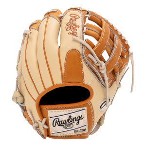 Front view of a tan and brown baseball glove with Rawlings branding and Est. 1897 text.