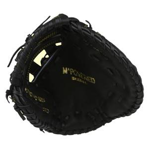 Top-down view of a black first base mitt with gold M^POWERED BASEBALL text and yellow accents.