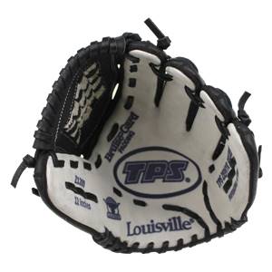 Front view of a black and white Louisville Slugger fastpitch glove with TPS logo and 12 Inches text.