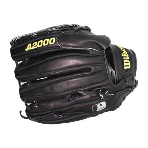 Top-down view of a black baseball glove with yellow A2000 and Wilson text and MLB logo.