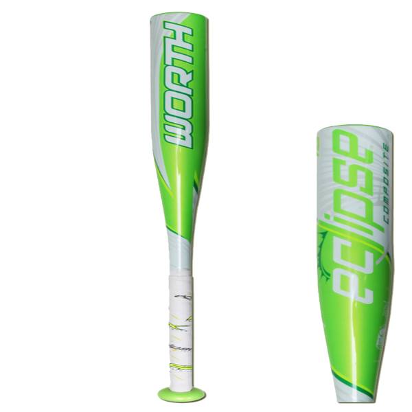 Front view of a green and white softball bat with WORTH and eclipse COMPOSITE text.
