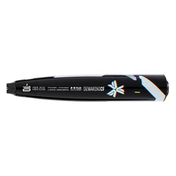 Side view of a black baseball bat with DEMARINICF and a glitch-style graphic.