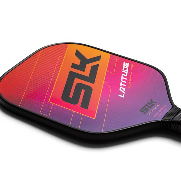Top-down view of a pickleball paddle with a gradient orange-to-purple design, large SLK logo, and LATITUDE GRAPHITE text.