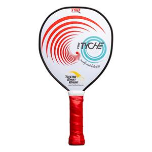 Front view of a white pickleball paddle with red swirl design, TYCHE logo, and red grip.