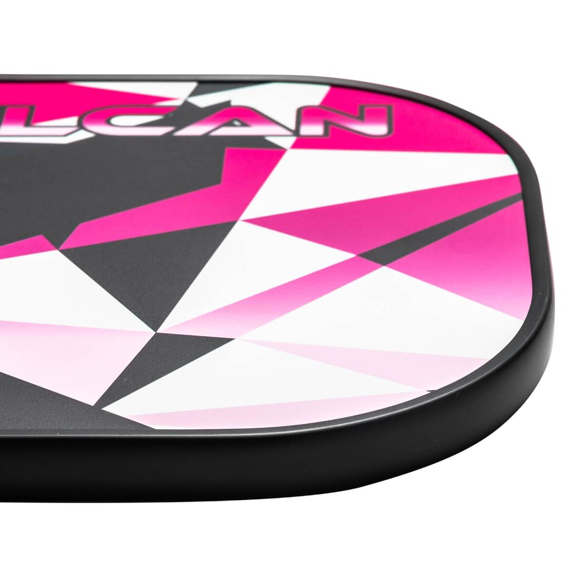 Corner view of a pink and white pickleball paddle with a geometric pattern and VULCAN text.