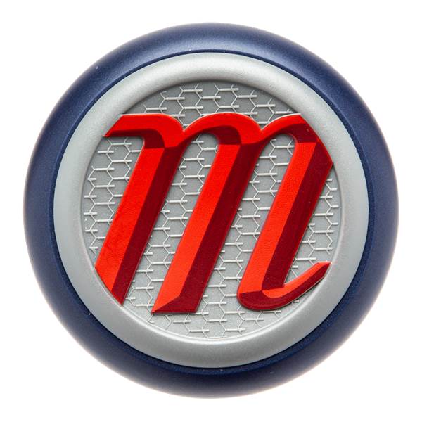 Close-up of blue baseball bat end cap with a red Marucci M logo on a textured gray surface.