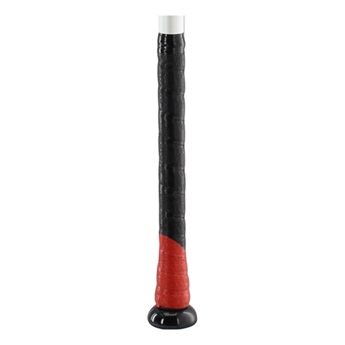 Close-up of a black and red baseball bat grip with a white end cap.