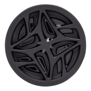 Top-down view of a black bat end cap with a glossy abstract geometric pattern on a matte surface.