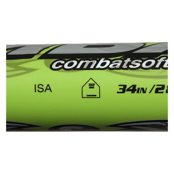 Close-up of a lime green softball bat with combatsoft logo, ISA, ISF 2000, and 34in / 2 markings.
