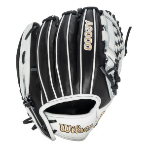Back view of the glove showing black leather with white welting, a white wrist strap with a gold Wilson logo, and A2000 embroidered on the finger.