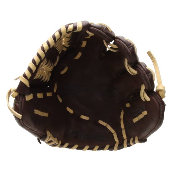 Top-down view of a brown baseball glove with tan lacing and a deep pocket.