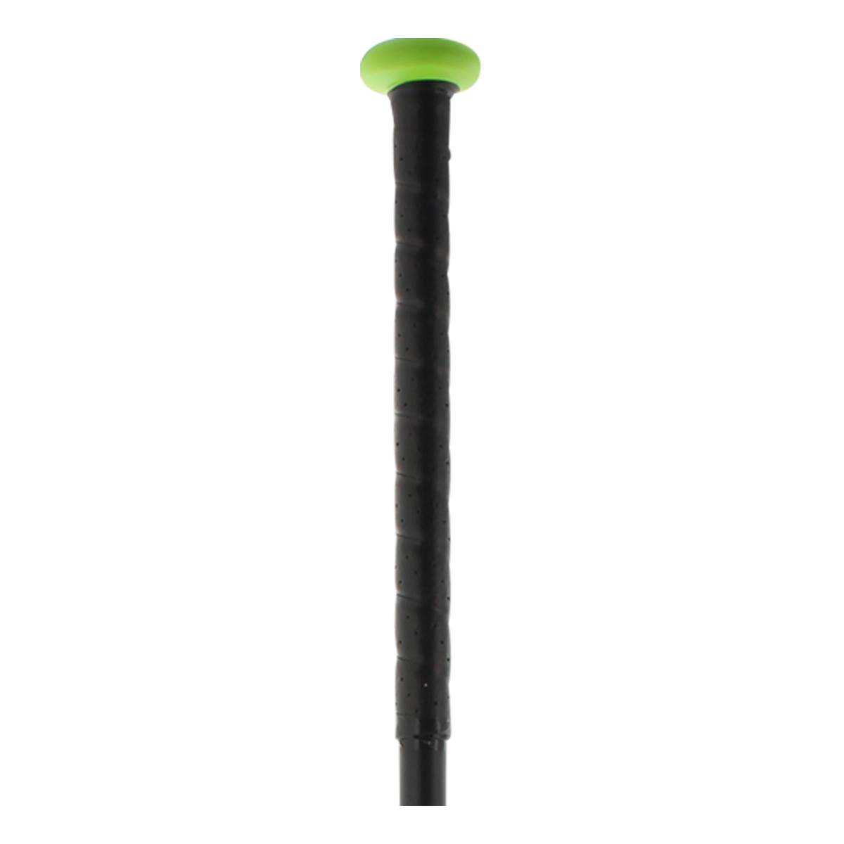 Close-up of a black softball bat grip with a bright green end cap.