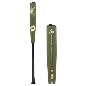 Side view of a green baseball bat with The Goods logo and a black grip.