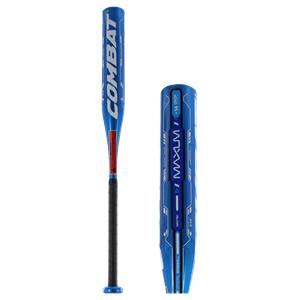 Side view of a blue tee ball bat with COMBAT and MAXUM branding.