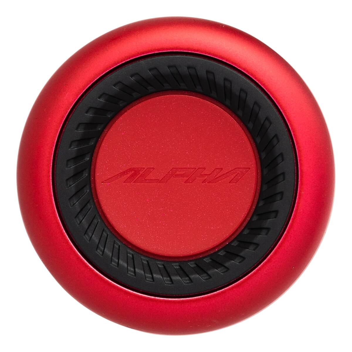 Top-down view of a red bat end cap with a black textured ring and ALPHA embossed in the center.