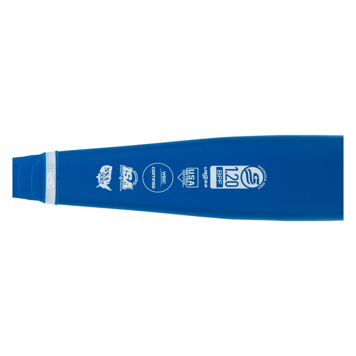 Side view of a blue fastpitch softball bat with multiple certification logos and 120 BPF text.