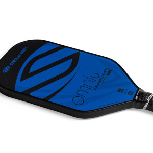 Side view of a blue and black pickleball paddle with Selkirk and Omni VANGUARD 2.0 text.