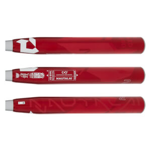 Side view of a red DeMarini Nautalai slow pitch softball bat with USSSA and NAE-23 markings.