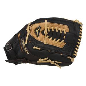 Side view of a black baseball glove with tan accents, PRO FLEX text, and Mizuno logo.