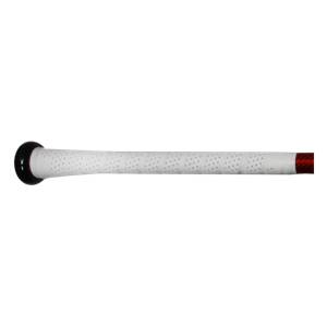 Side view of a white baseball bat grip with black end cap and red accents.