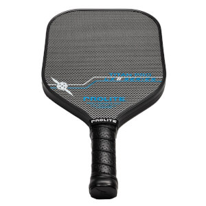 Front view of a black pickleball paddle with a textured surface, blue PROLITE branding, and a perforated grip.