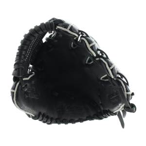 Top-down view of a black baseball glove with white lacing and Akadema logo.