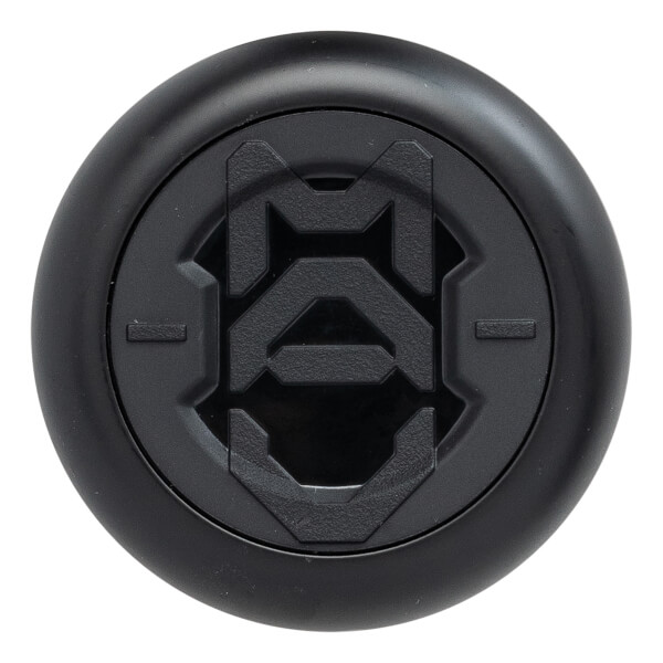 Top-down view of a black baseball bat end cap with a raised, textured MAV logo in the center.