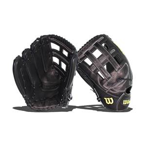 Two black baseball gloves with white stitching, one showing the palm and the other the back with a W logo.