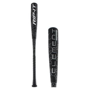 Side view of a black baseball bat with RIP-IT branding and a geometric pattern.