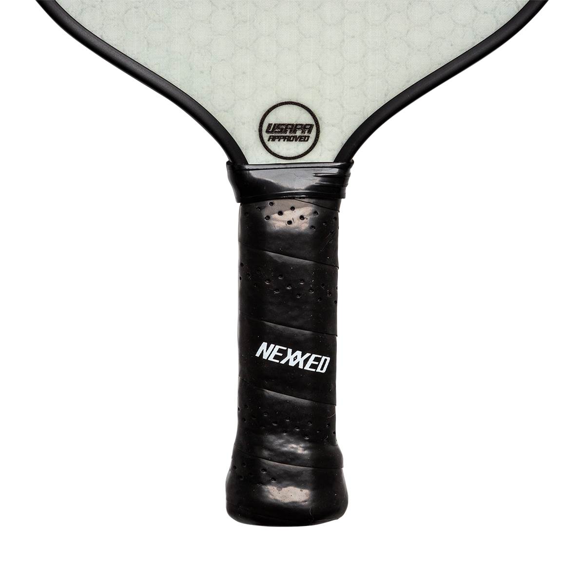 Close-up of a black pickleball paddle grip with NEXXED branding and a textured surface.