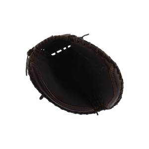 Top-down view of a brown catchers mitt with stitched lacing and an open pocket.