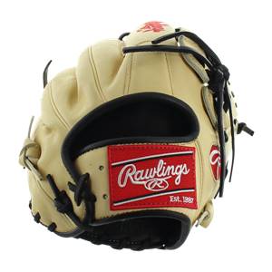 Close-up of a tan baseball glove with a red Rawlings patch and black lacing.